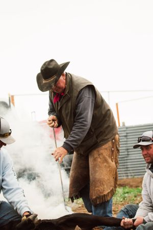 Western ranchers working with smoke and cattle, wearing cowboy hats and leather chaps during outdoor ranch activities.