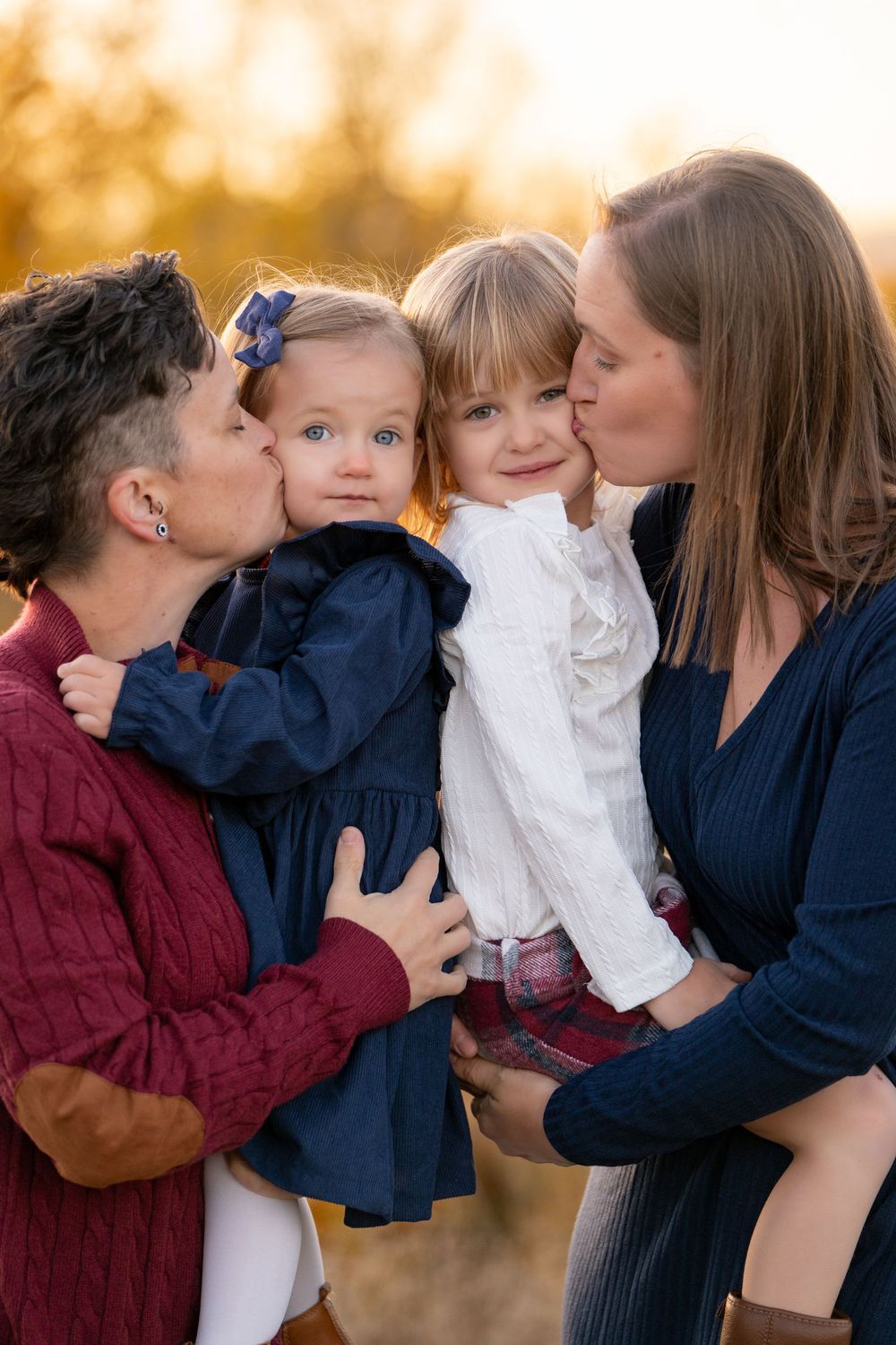 A series of five connected photos showing tender family moments with hugs and kisses at sunset.