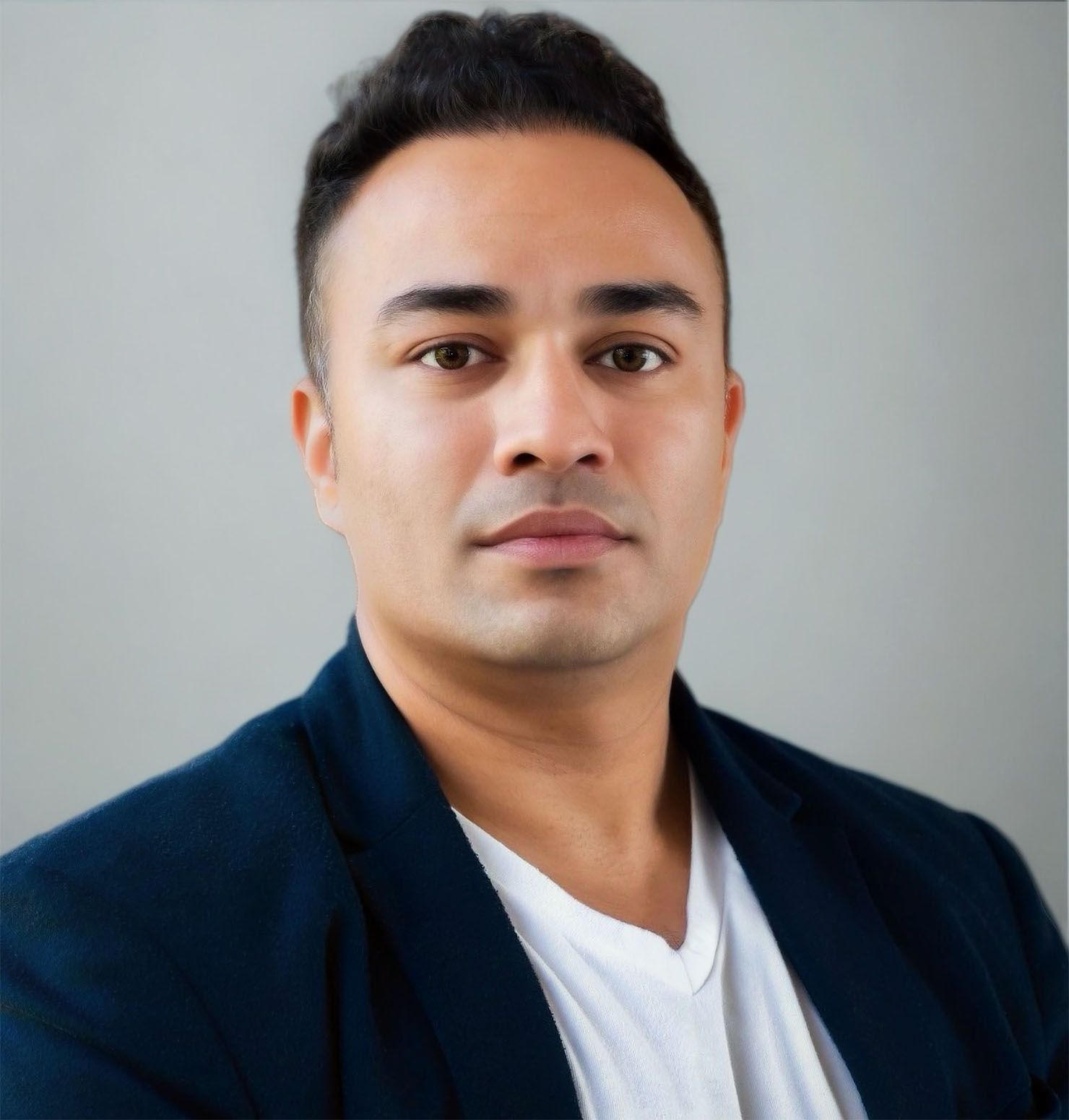 Professional headshot against grey background showing person in navy blazer and white t-shirt.