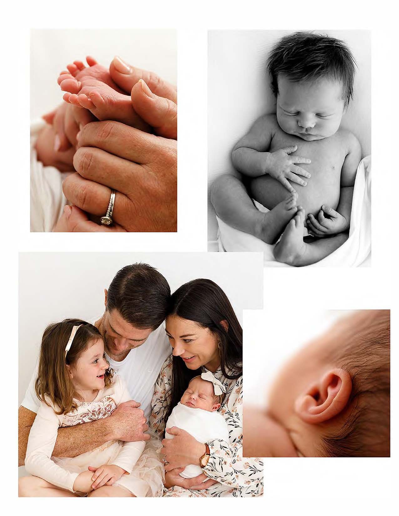 A collection of intimate family moments captured in black and white and color photos showing tender newborn and parenting scenes.