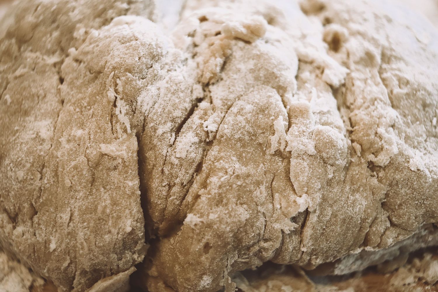 Close-up view of raw bread dough texture with floury surface and natural folds.