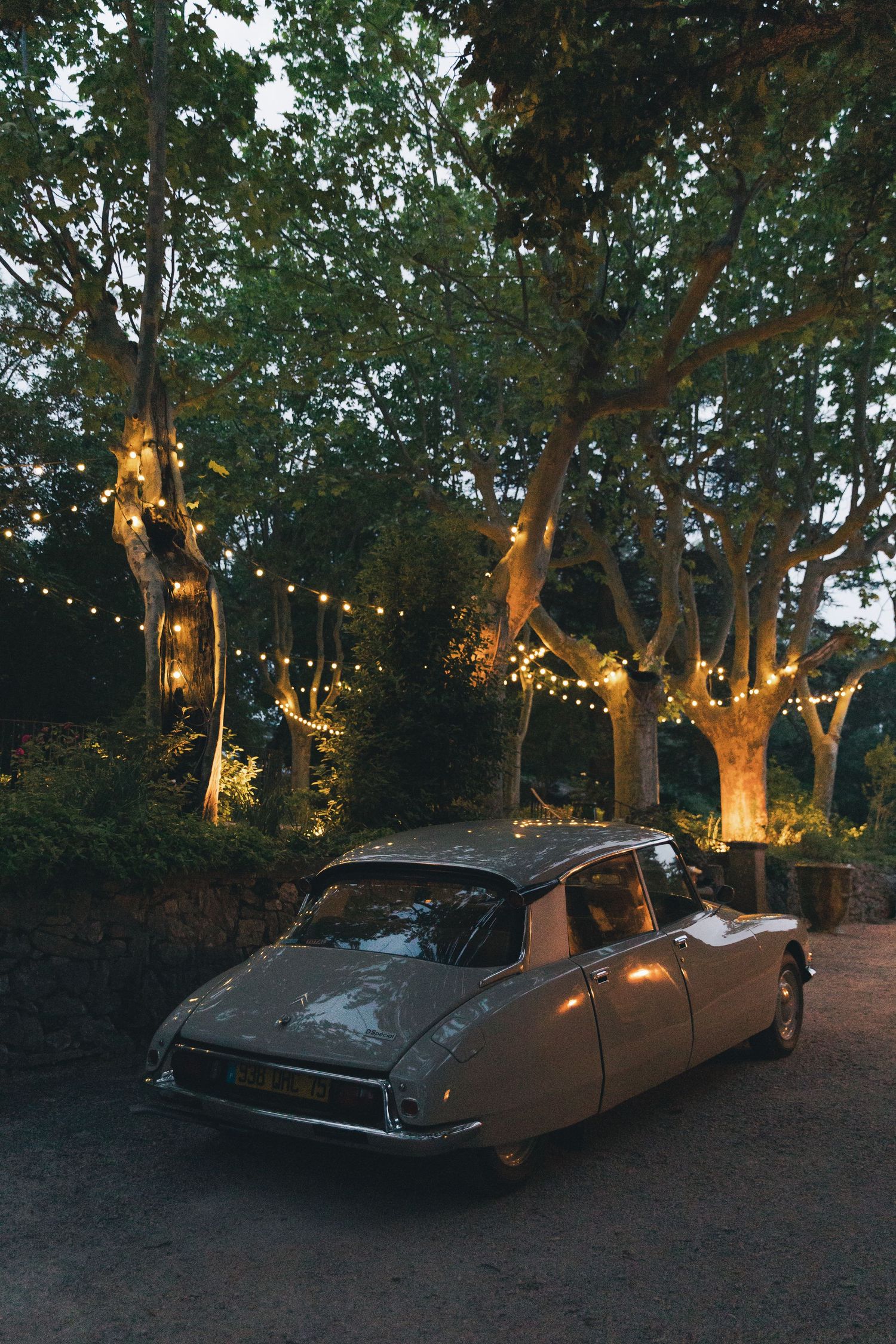 Vintage Citroen DS car parked under trees adorned with warm string lights at dusk in a garden setting.