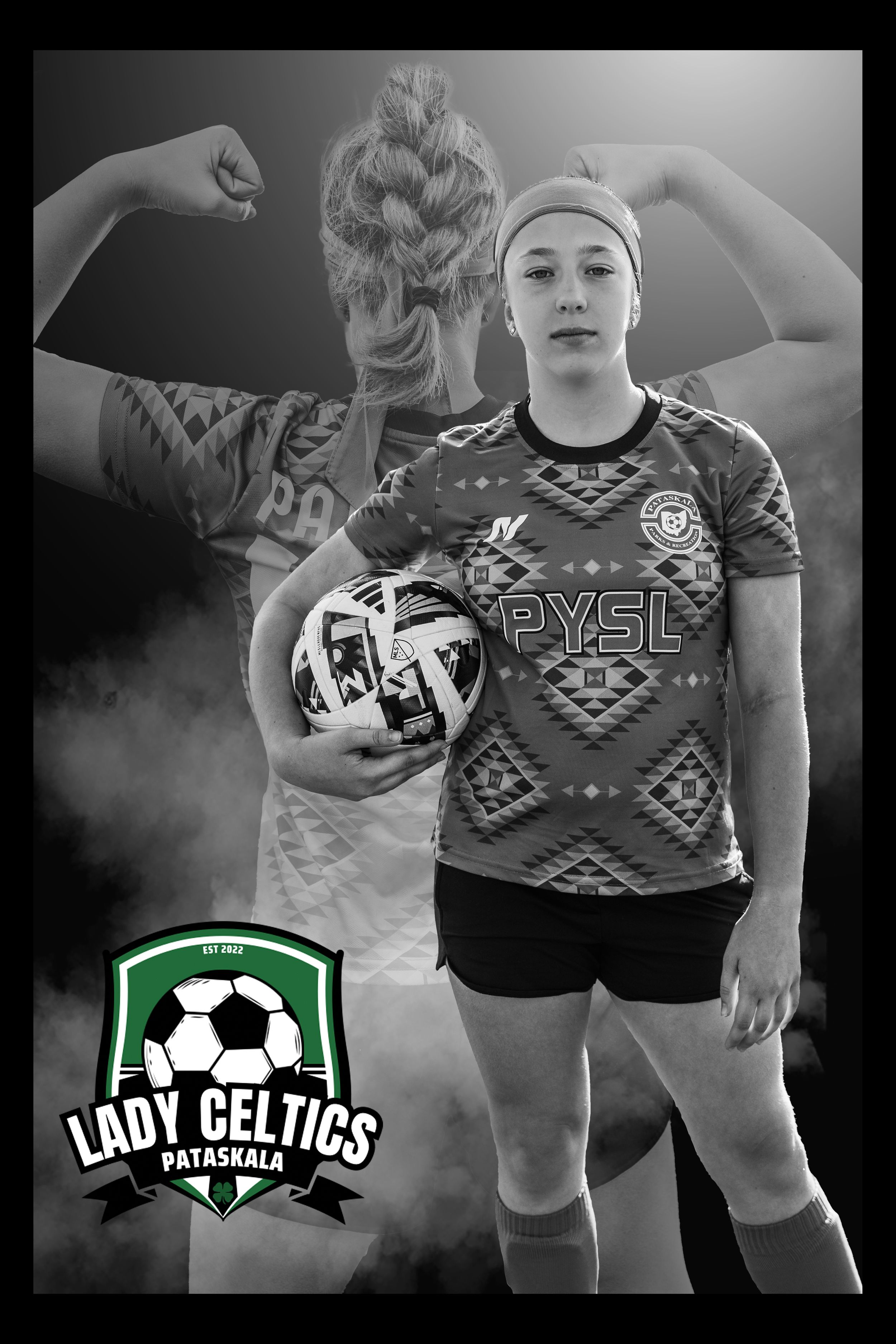 Black and white portrait of a soccer player holding a ball with the Lady Celtics team logo in green at bottom.