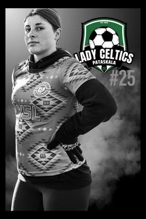 A black and white soccer team promotional photo featuring a player in a patterned jersey with the Lady Celtics team logo.