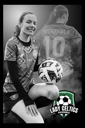 Black and white sports photo showing a soccer player in a Piaskala jersey number 10 posing with a soccer ball and Lady Celtics logo.