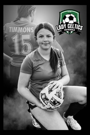 Black and white soccer portrait with Lady Celtics team logo featuring player number 15 holding a soccer ball.