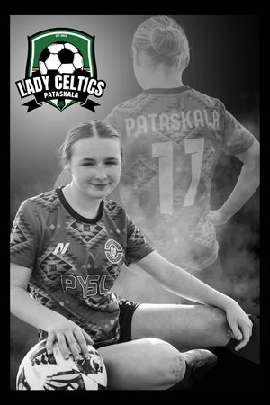 Black and white promotional photo for Lady Celtics soccer team featuring player jersey number 11 and team logo.
