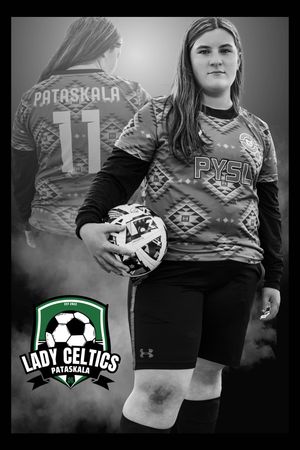 Black and white sports photo featuring a soccer player wearing a jersey numbered 11 with Pataskala soccer club branding.