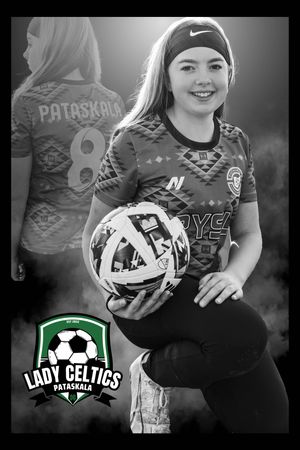 Soccer player in Lady Celtics jersey holds a ball while standing in black and white photos.