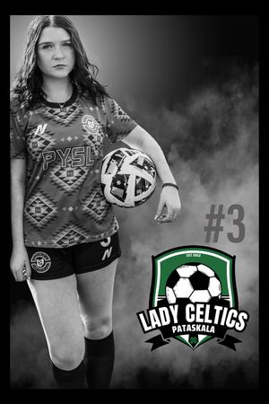 Black and white soccer portrait showing player wearing patterned jersey with number 3 and Lady Celtics Patagonia team logo.