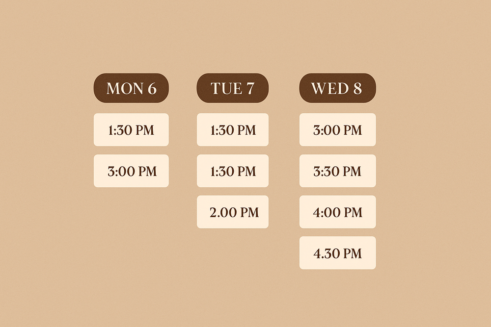 Wedding day timeline schedule showing event times in an elegant brown and beige design.