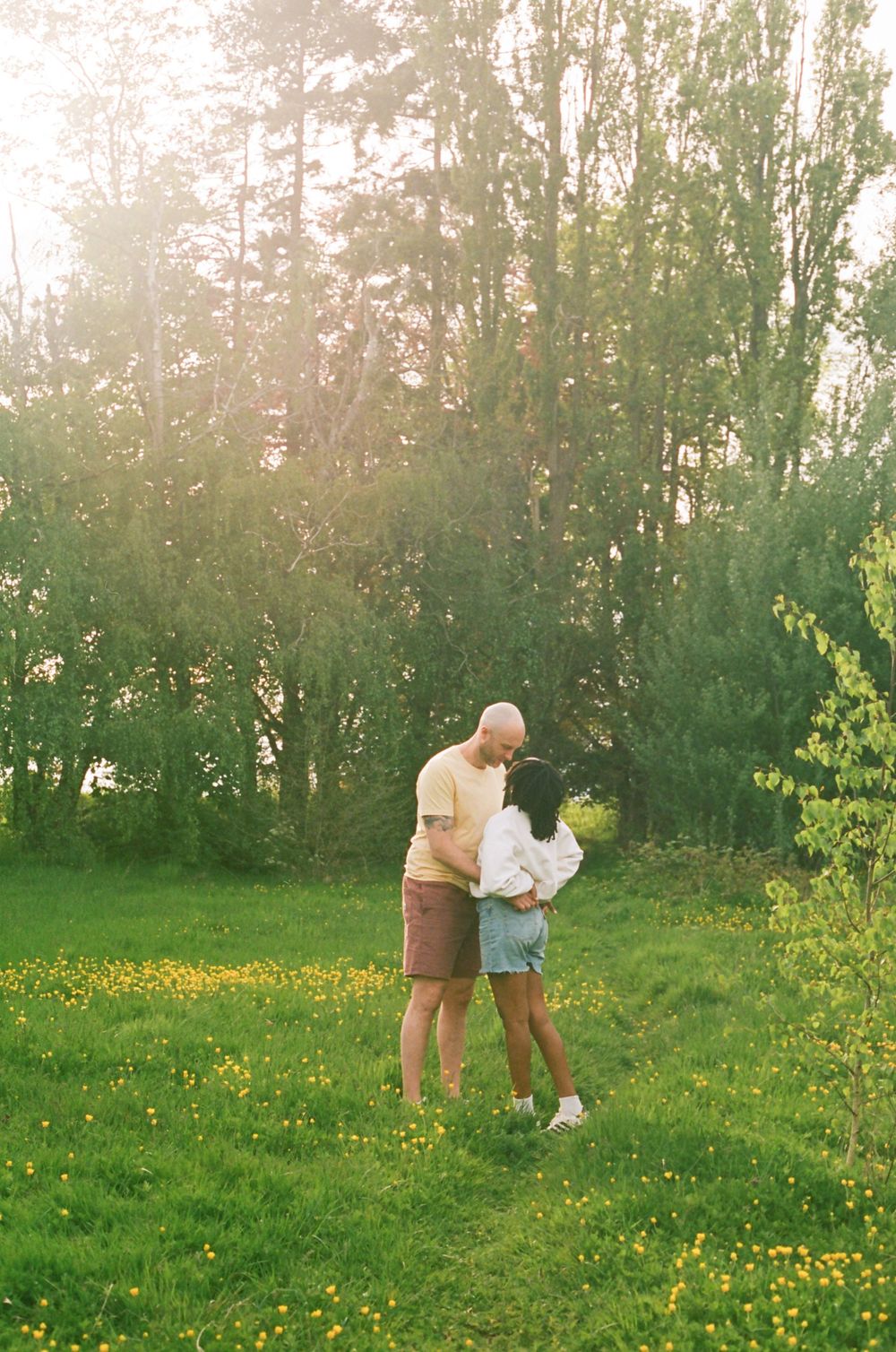 Romantic moment captured in golden sunlight among spring wildflowers.