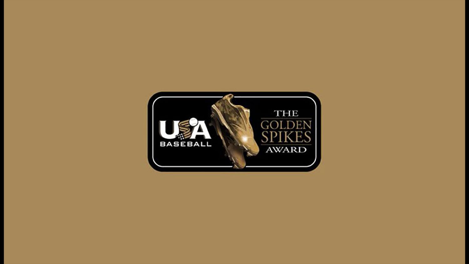 USA Baseball Golden Spikes Award logo on a gold background featuring a golden baseball cleat trophy.