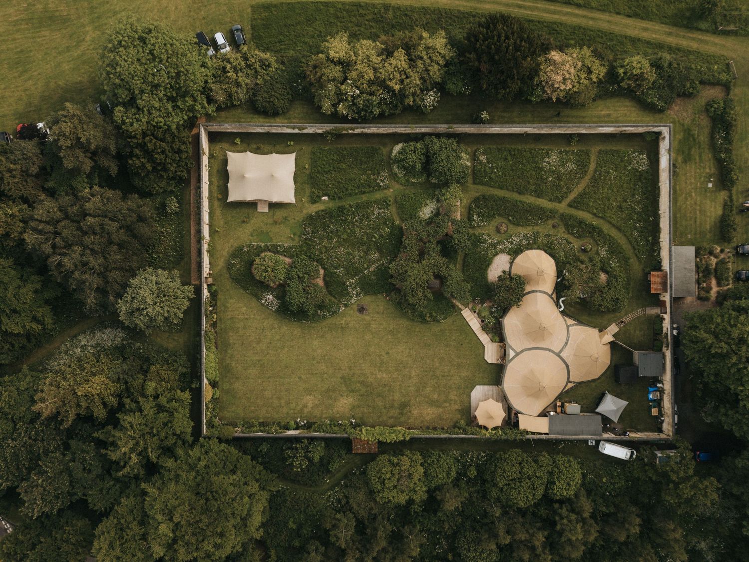 Aerial shot of Scrivelsby Walled Garden seen from above with wooded areas nearby. Image taken by Grimsby photographers.