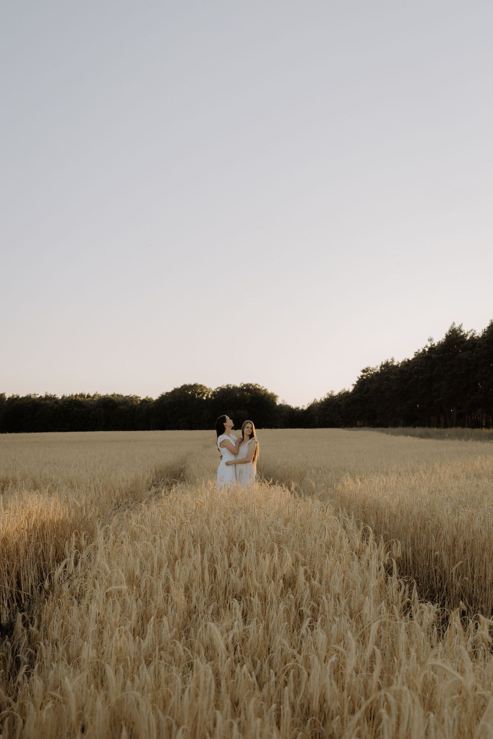 Two figures walk through a golden wheat field at sunset creating a romantic silhouette against the warm sky.
