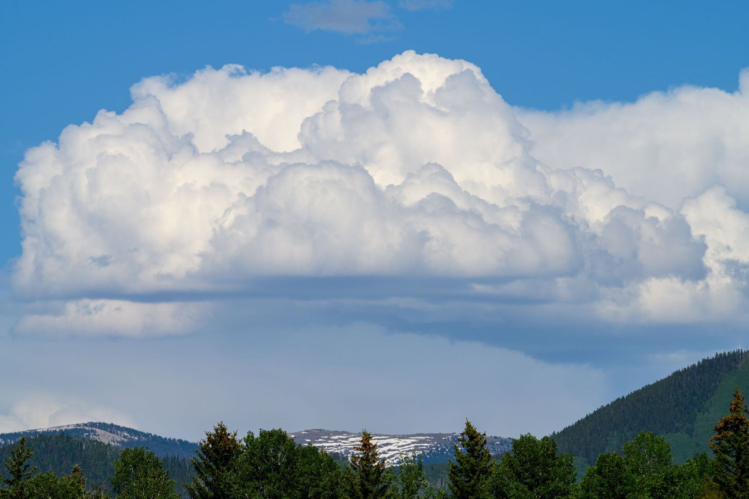 Massive white cumulus clouds billow above snow-capped mountains and evergreen forest treeline.