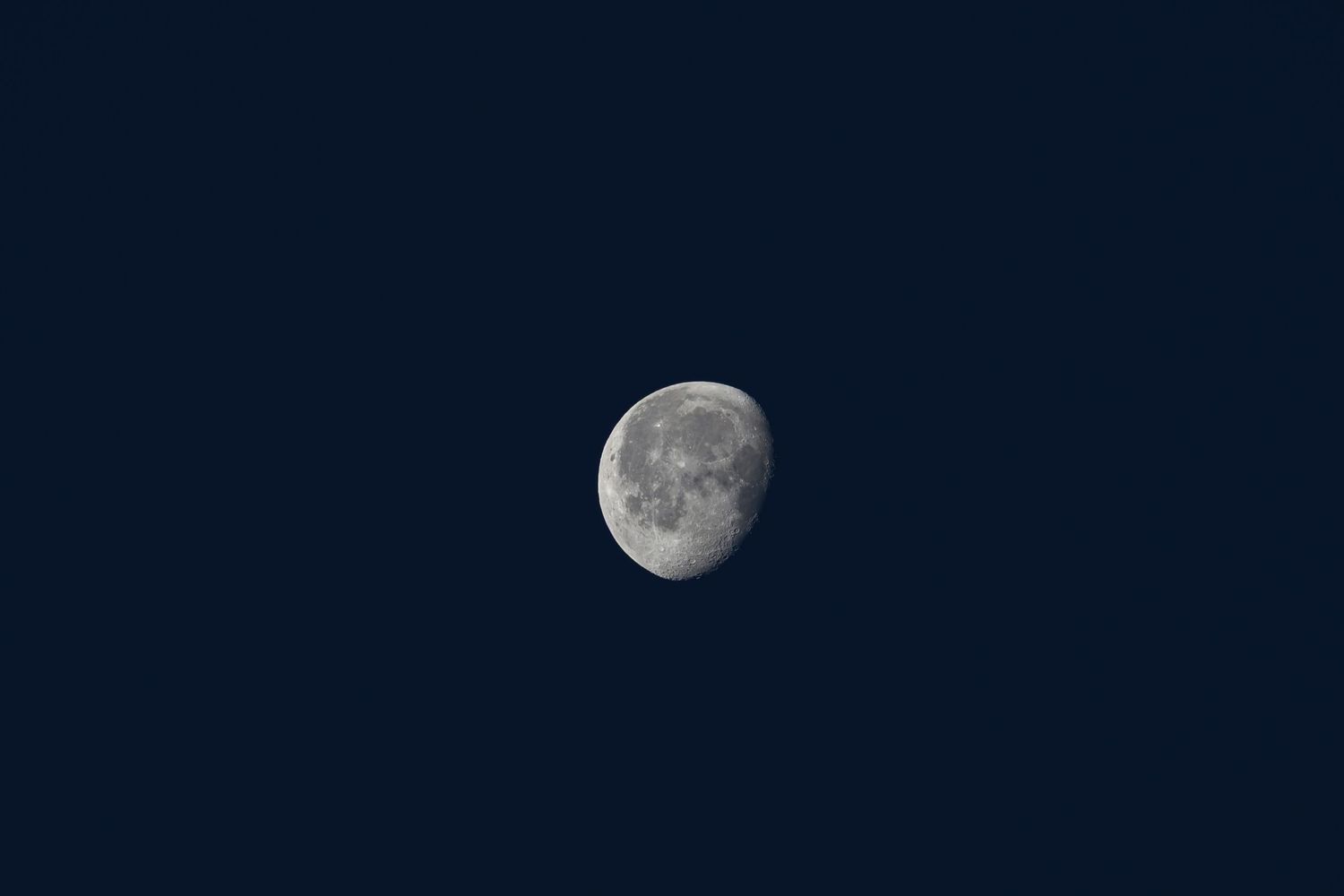 A waxing gibbous moon photographed in sharp detail against a dark navy night sky.