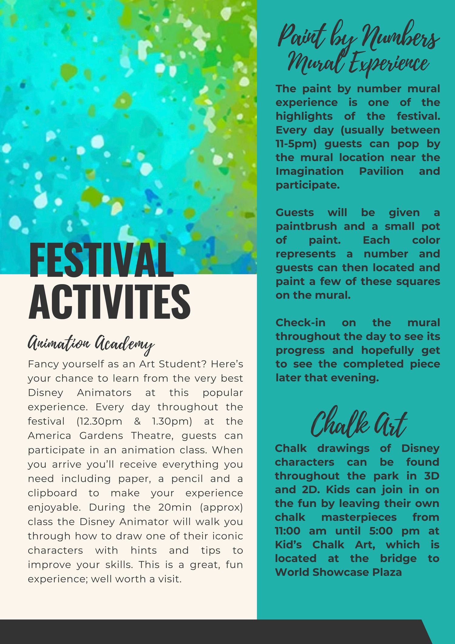 Festival activities guide page showing paint by numbers and chalk art experiences at Disney theme park.