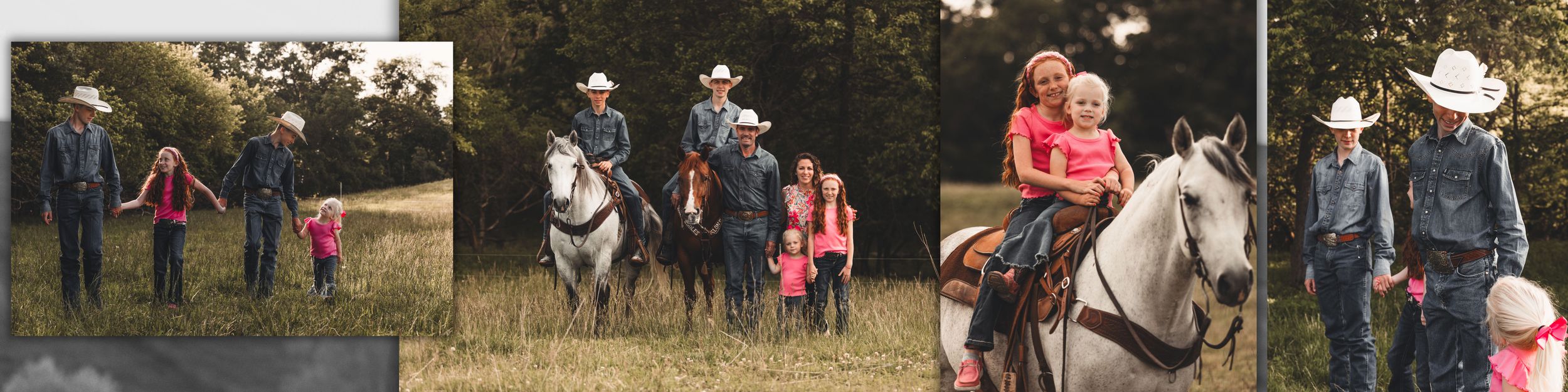 A collage of horseback riders on trails with scenic natural backgrounds and autumn foliage.