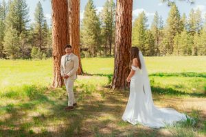 A couple in wedding attire stands among tall pine trees in a sunlit meadow surrounded by lush forest.