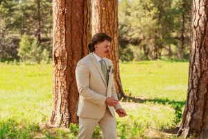 A person in a light beige suit walks through a sunlit forest with tall pine trees and a grassy meadow.