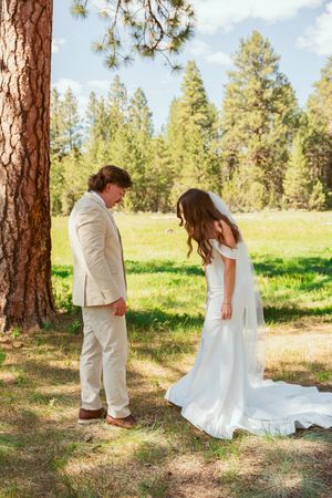 A couple in wedding attire shares a tender moment among tall pine trees in a sunlit outdoor setting.