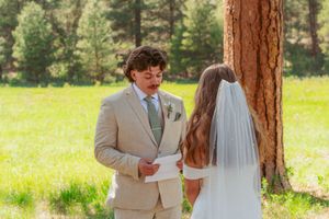 A couple stands beside a tall pine tree during an outdoor wedding ceremony in a sunny meadow.