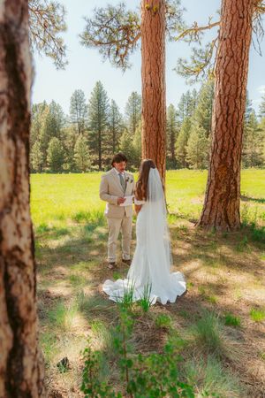 A wedding ceremony under tall pine trees in a sunny meadow with the couple embracing in natural light.
