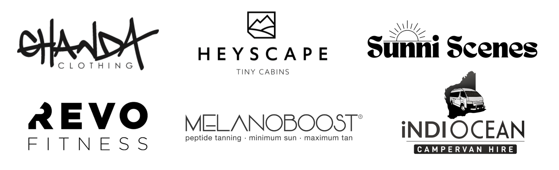 Collection of minimalist business logos including fitness, lifestyle and ocean-themed brands.