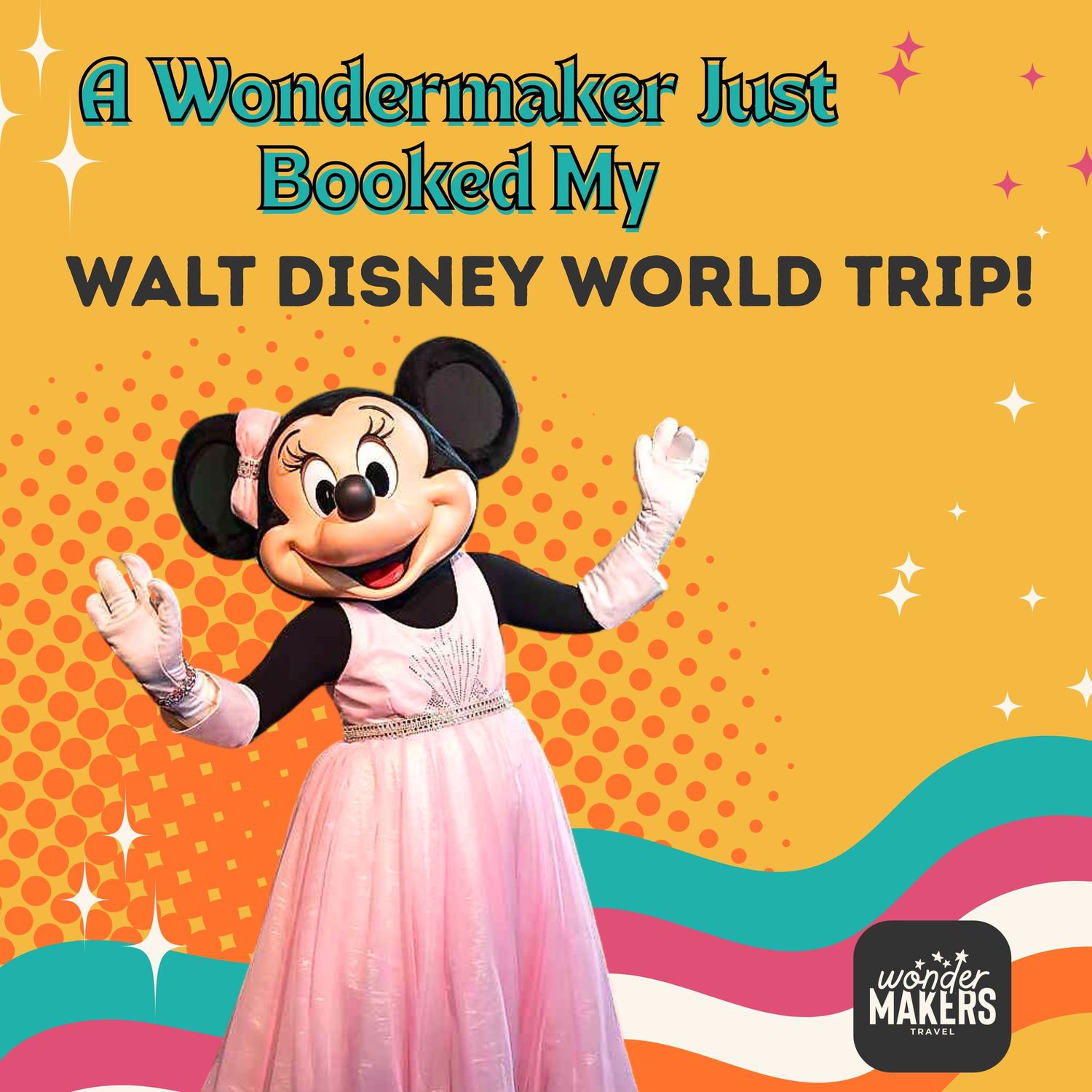 Disney World promotional artwork with classic characters and castle on orange background.