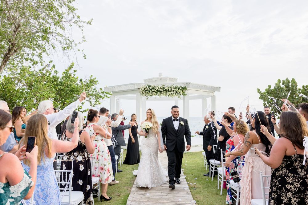 Wedding guests celebrate and cheer during an outdoor ceremony on a sunny day.