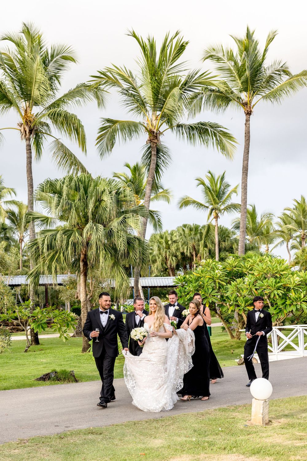 Wedding party walking along palm tree lined path at tropical destination venue.