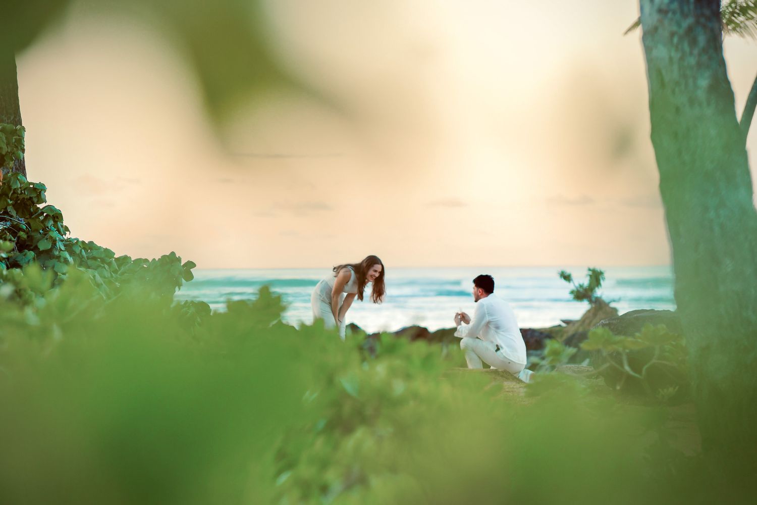 Secret proposal photo session at Kahala Beach, Honolulu, with man kneeling to propose and girlfriend surprised by the romantic moment