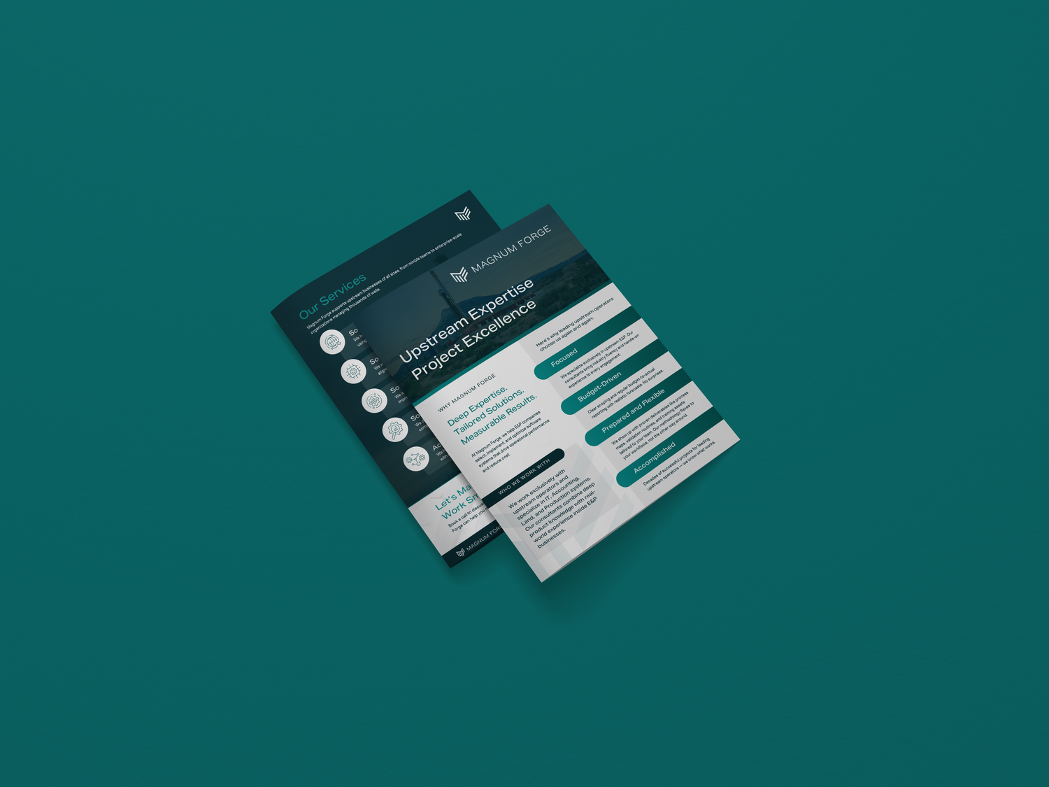 Business cards or marketing collateral mockup in dark teal with geometric design elements.