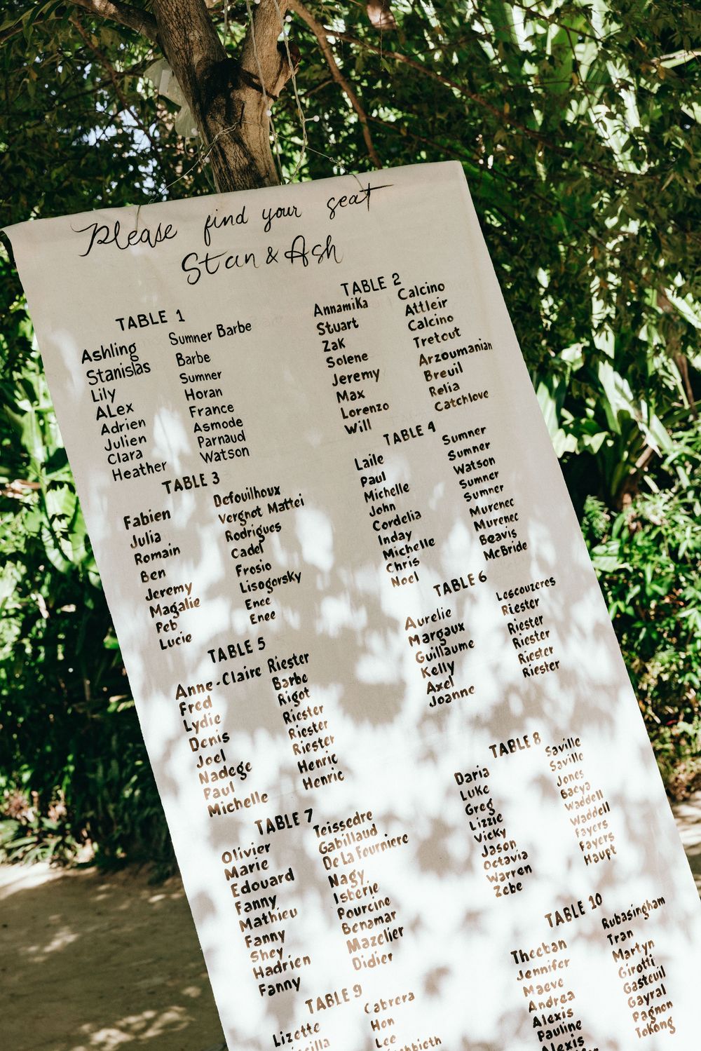 Wedding seating chart displayed on white paper with guest names arranged by table numbers.