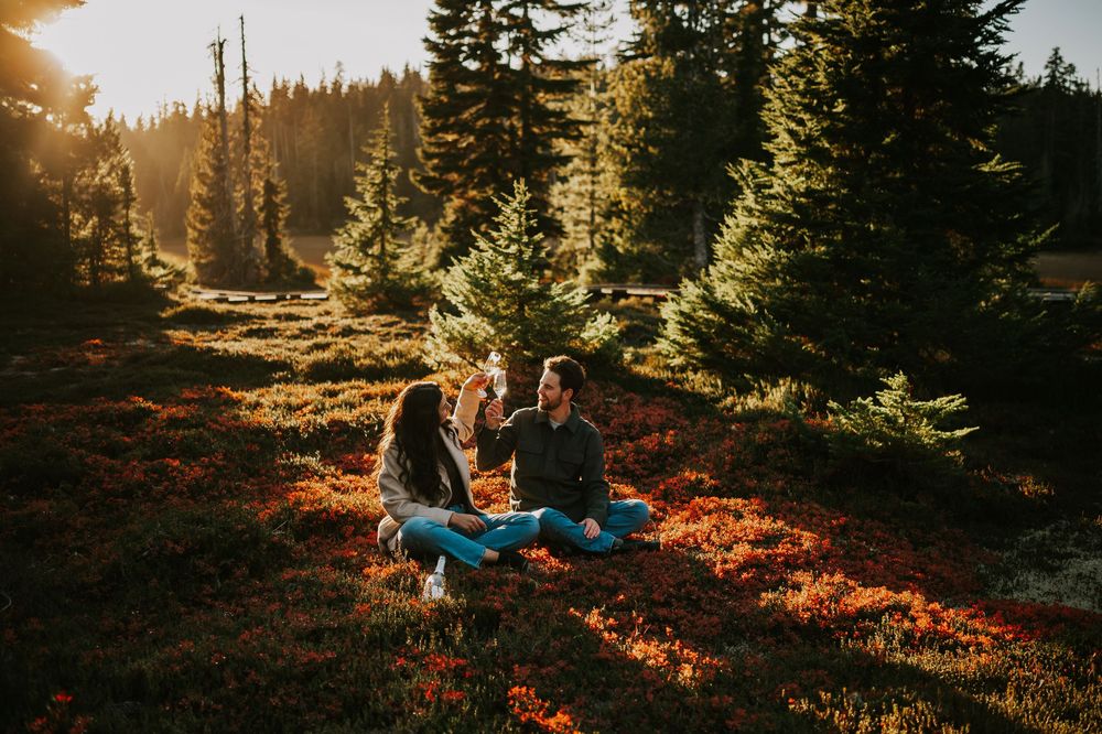 Engagement fall adventure photoshoot on Mt. Washington of couple doing a cheers with champagne in Paradise Meadows Vancouver Island
