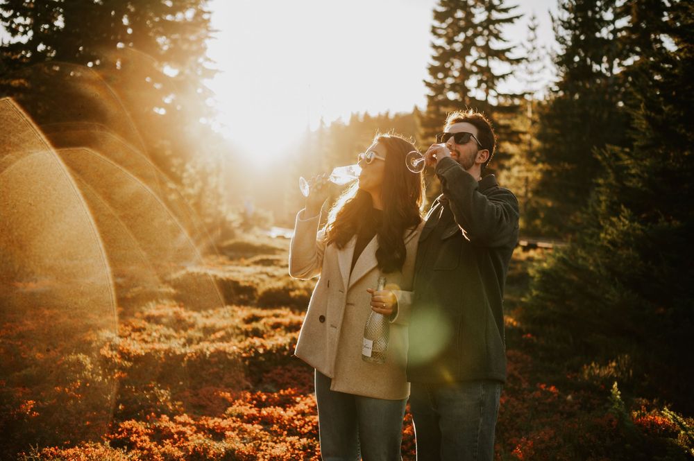 Engagement fall adventure photoshoot on Mt. Washington of couple drinking champagne in Paradise Meadows Vancouver Island with gold light ray