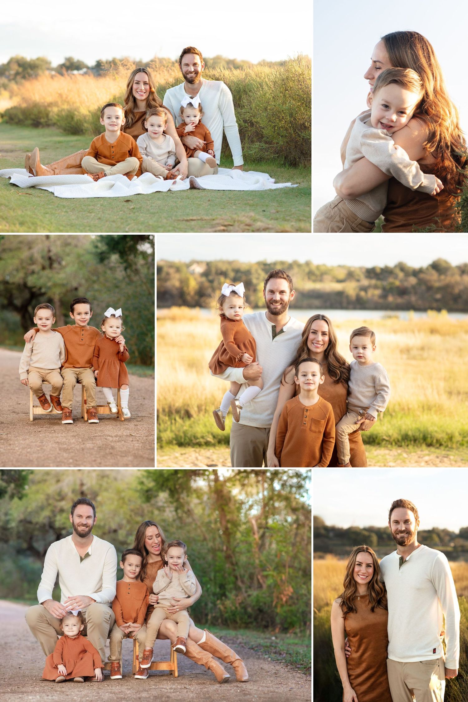 Fall Family Mini Session at Brushy Creek Lake Park Cedar Park Texas. Warm natural portrait of a family  at sunset.