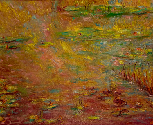 Impressionist painting of water lilies floating on a pond with orange and green reflections in Monet's distinctive style.