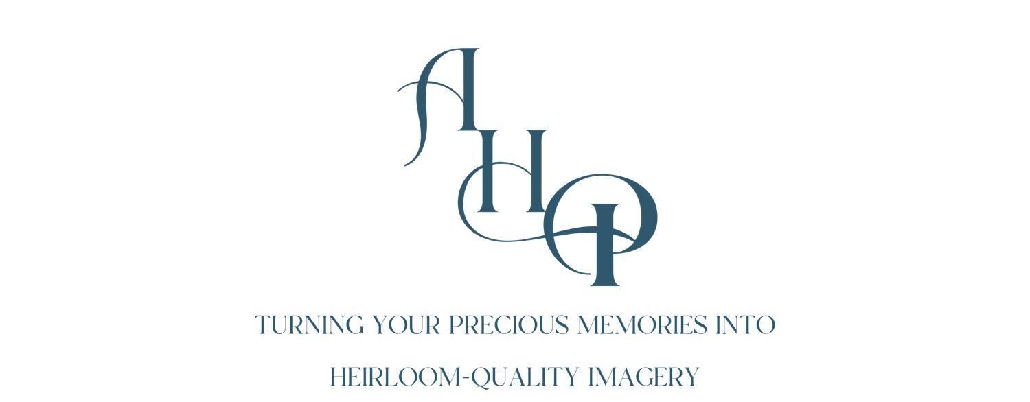 Stylized AHP logo design in teal with tagline about turning precious memories into quality images.