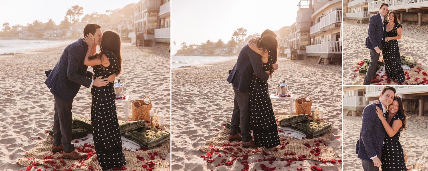 A series of proposal photos showing emotional reactions on a beach with rose petals.