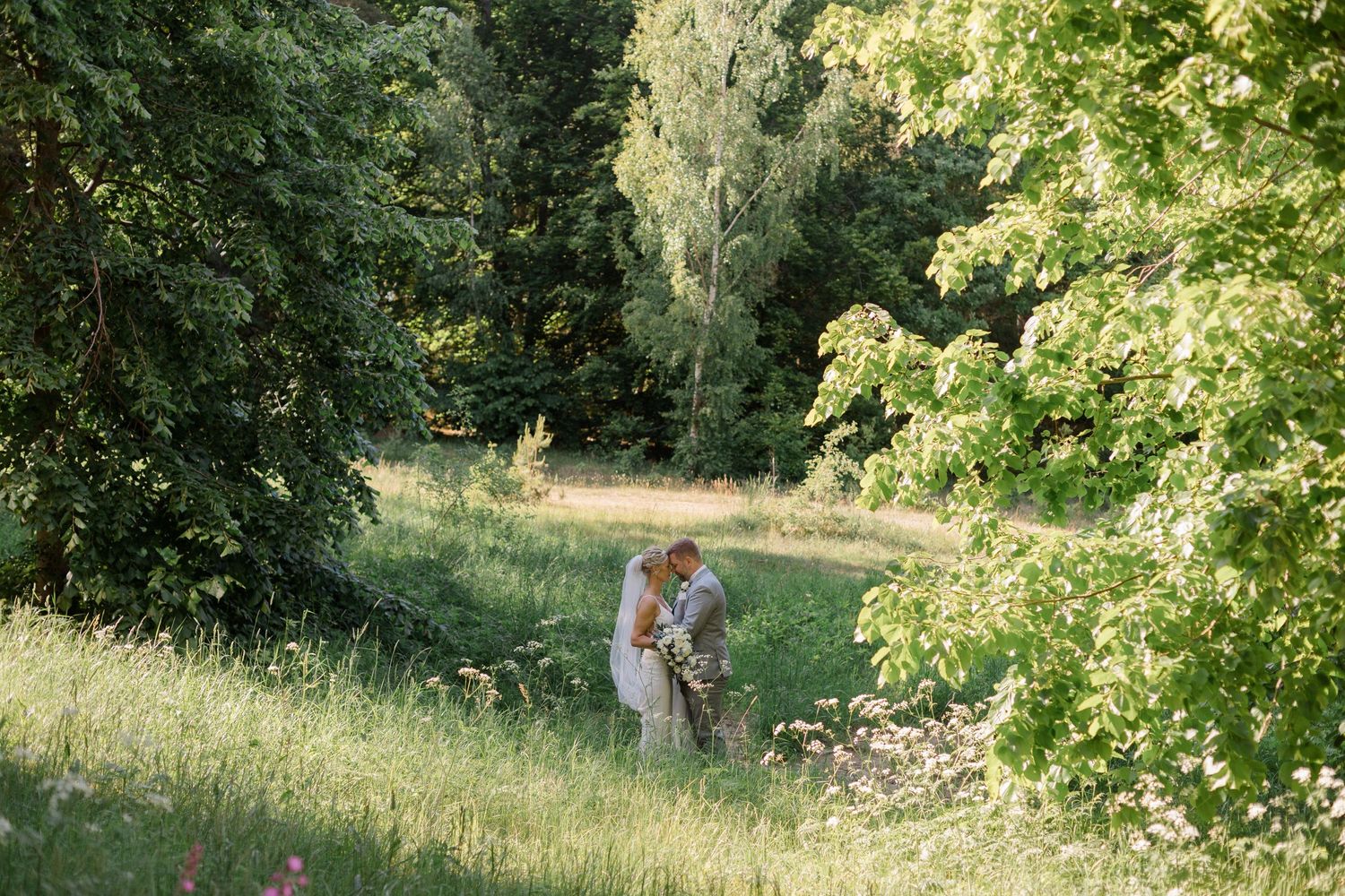 Couple embraces in a sunlit meadow surrounded by lush greenery.