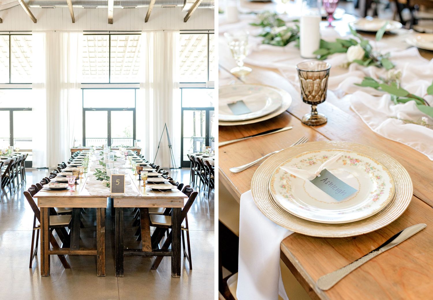 Modern rustic wedding reception setup with long wooden tables and minimalist place settings.