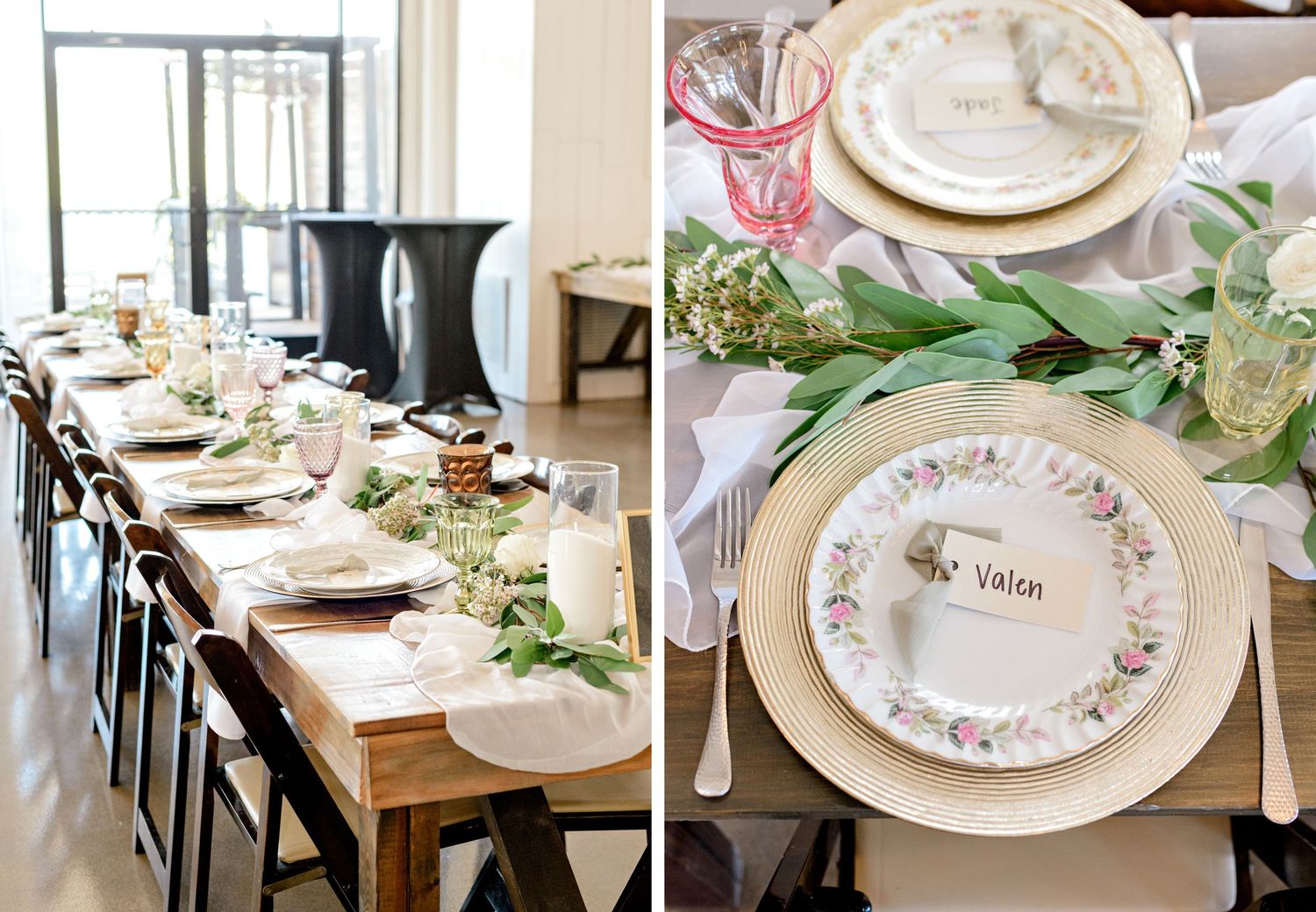Elegant table settings featuring floral china plates and greenery on wooden farmhouse tables.