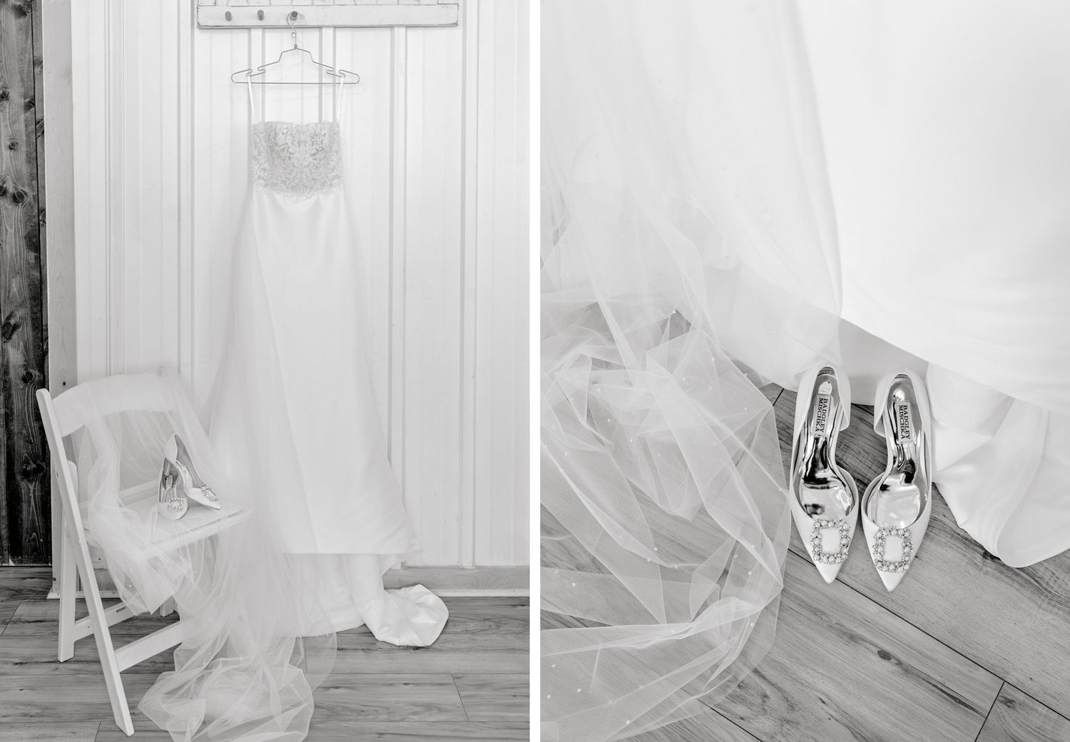 Wedding dress and bridal shoes displayed in classic black and white photography.