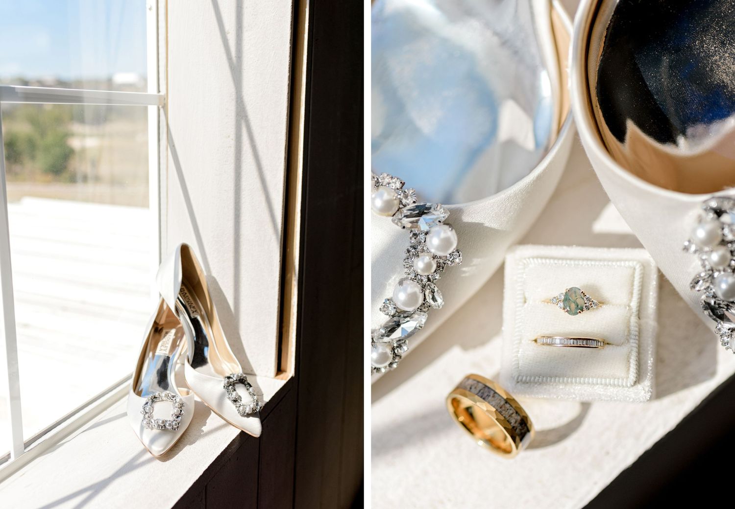 Bridal accessories and jewelry arranged by window featuring sparkly shoes and ring boxes.