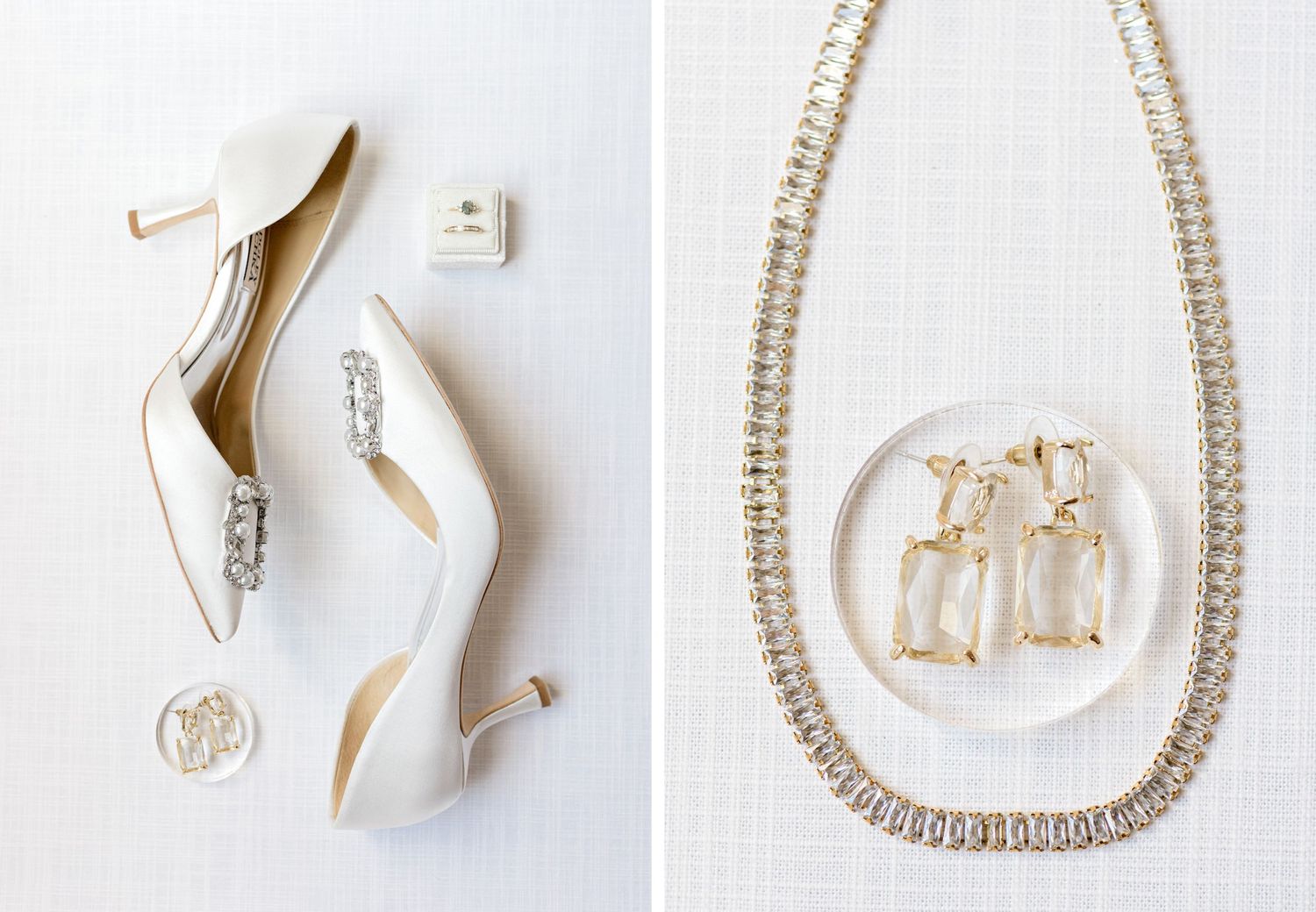 Elegant white bridal heels with crystal accents paired with statement jewelry.