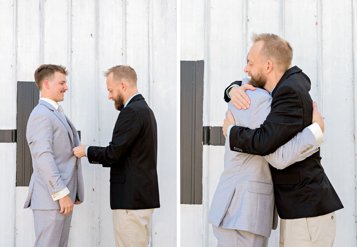 Two people sharing an emotional moment in formal attire, transitioning from a handshake to a warm embrace.