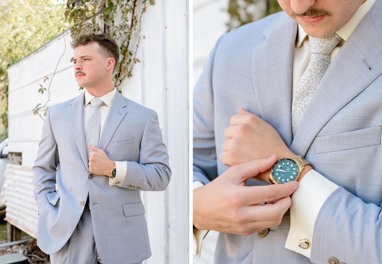 A person in a light gray suit adjusts their tie and checks their watch before a formal event.