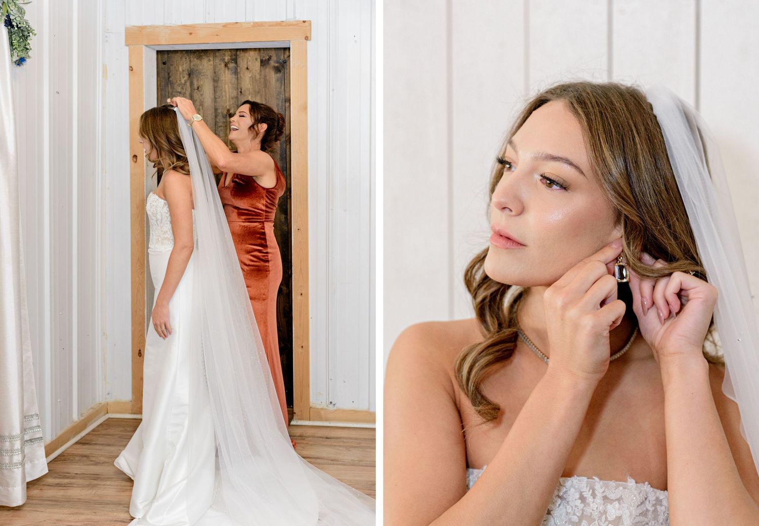 A bride in a stunning white gown preparing for her wedding day with final touches.